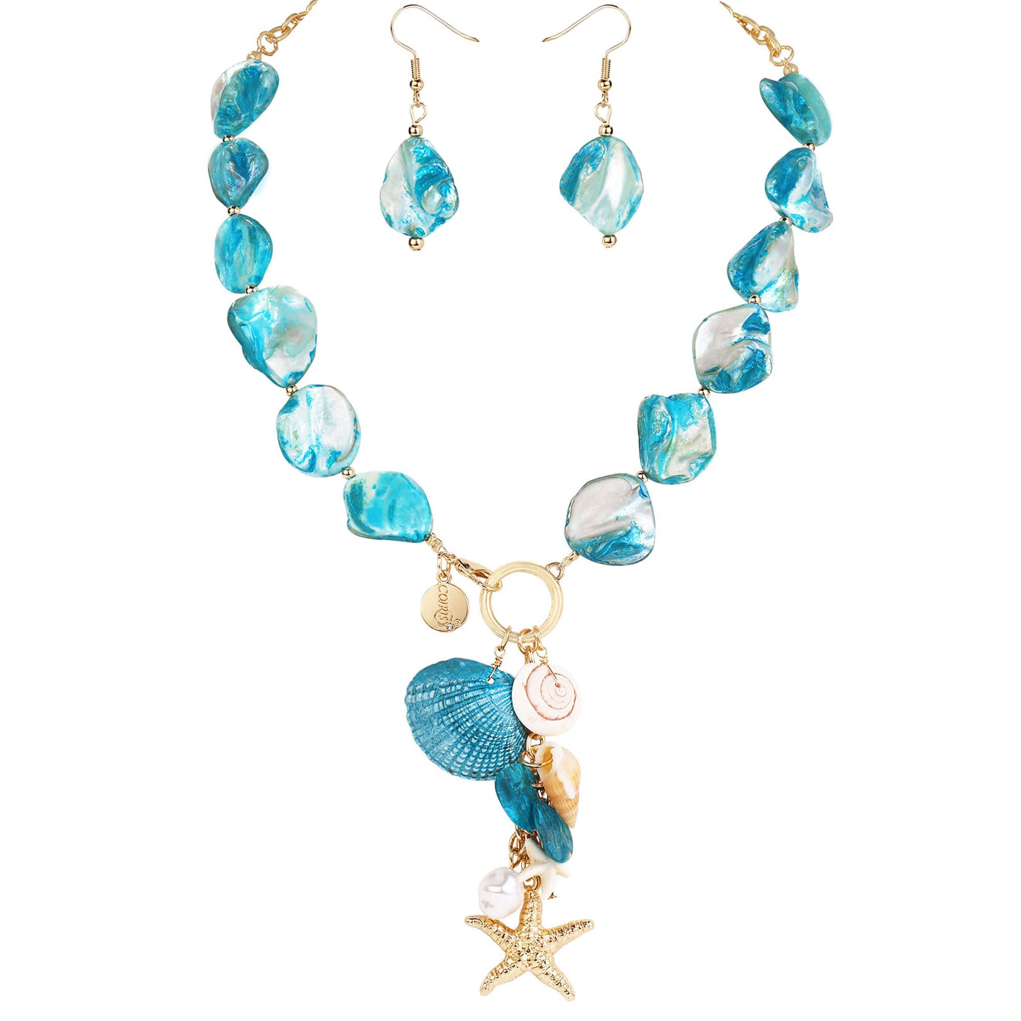 Coiris Natural Seashell Choker Necklaces Earrings Jewelry Set for Women Starfish Shell Freshwater Pearl Collar Necklaces for Women Irregular Mother of Pearl Jewelry Set