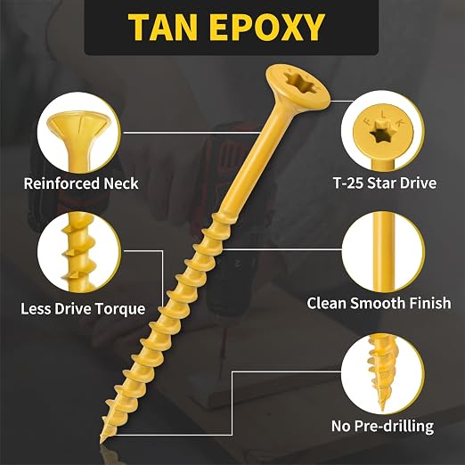 Deck Screws 3 Inch, 310PCS, FIXLINK #10 x 3 Tornillos para Madera, Tan | Resistente a la Oxidación, Recubrimiento Epoxi, Tornillos para Exterior para Cerca/Marco, Sistema Torx, Rosca Gruesa, Punta Plana miniatura 3