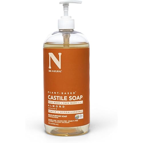 Dr. Natural Castile Liquid Soap - Multi-Use Body Wash, Shampoo and Face Wash - Hydrating Body Soap for Skin, Hair, Pets and Home - Almond - 32 oz.