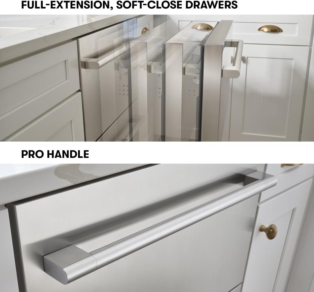 Image showing the full-extension, soft-close drawers and a close-up of the Pro Handle on the Zephyr Presrv refrigerator drawers.