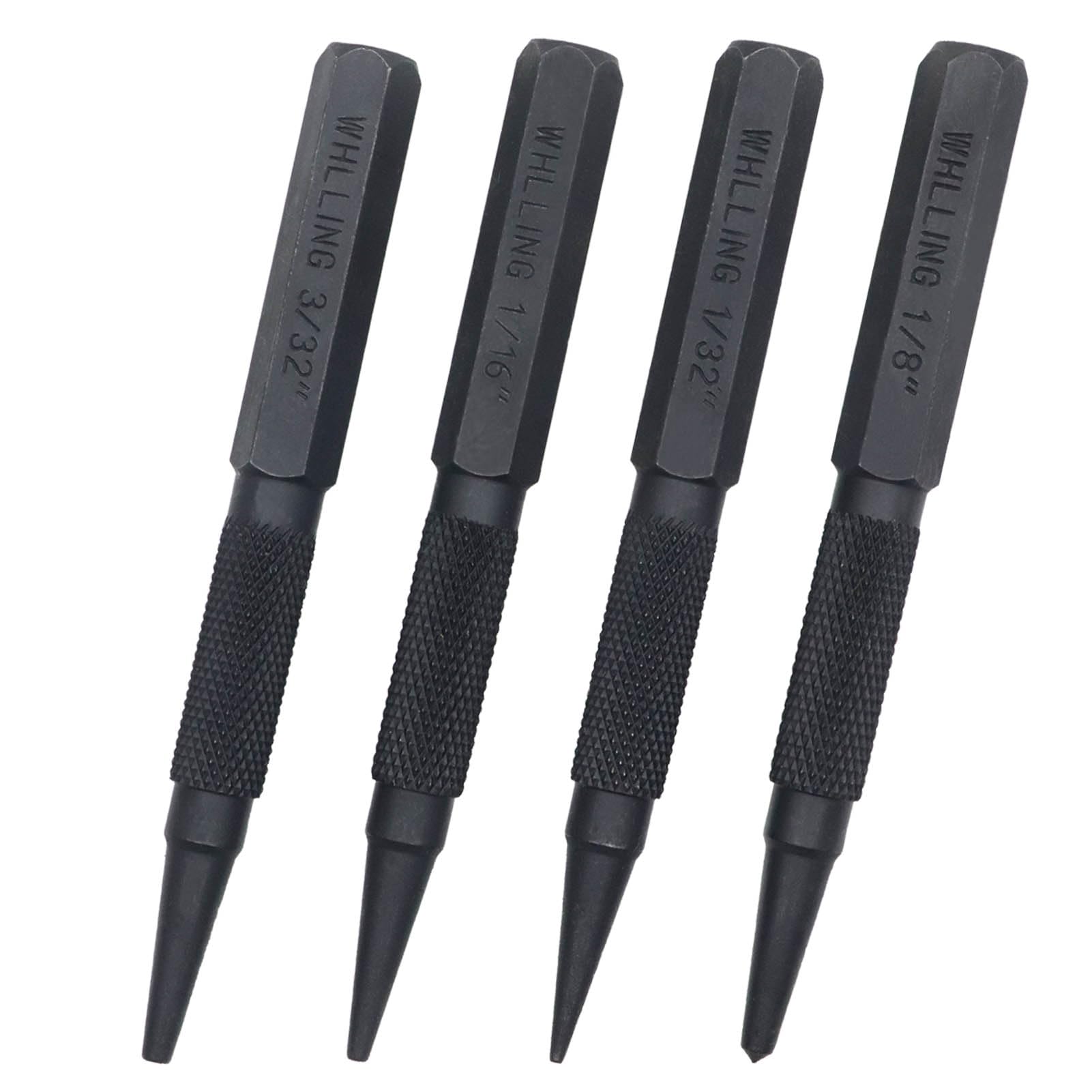 4-Piece Nail Setter Punch and Center Punch Set, Made of High Quality Metal Material with Knurled Grip Includes 1/32", 1/16", 3/32", 1/8" Black-Finished Nail Set