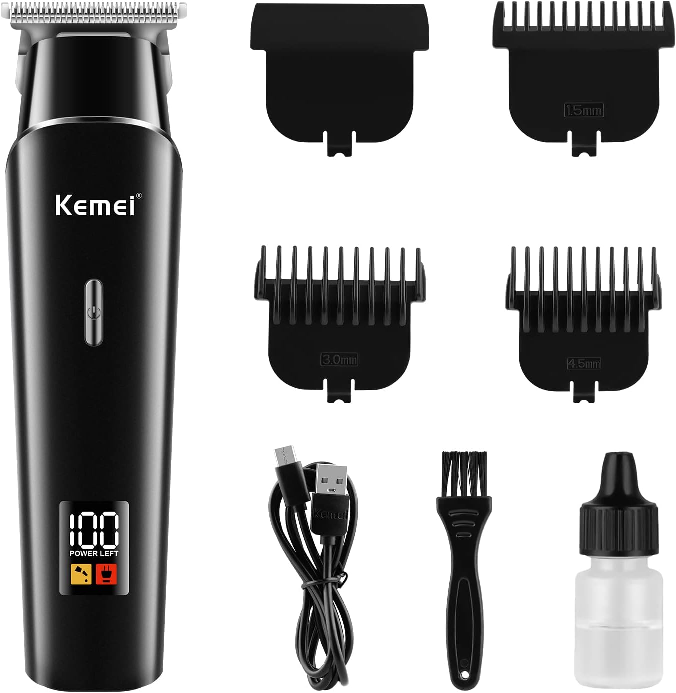 KEMEI Zwarte tondeuse voor mannen, elektrische draadloze tondeuse voor het knippen van haar, professionele kappertondeuse, USB oplaadbare draadloze kniptang km-1113