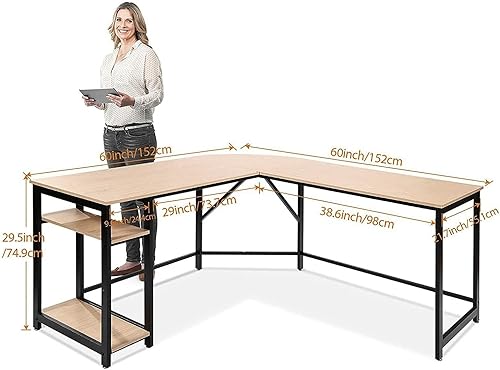 Miniatura 3 de Saranya 18 Shop - Escritorio de computadora en forma de L de nogal grande moderno y moderno, estación de trabajo para oficina en casa, mesa para