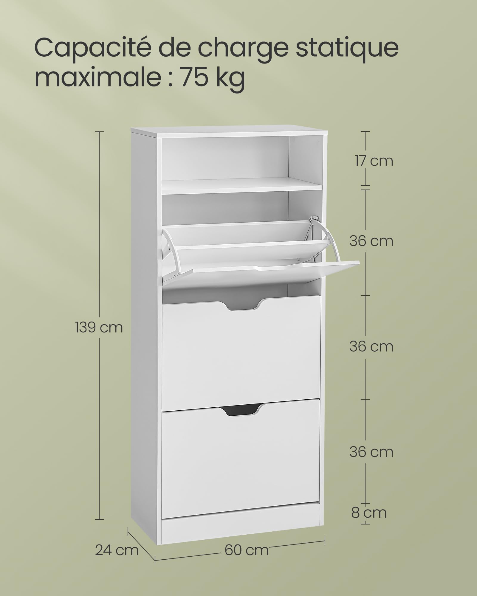 VASAGLE Custos Collection - Meuble à Chaussures 2 Portes, Étagère à Chaussures, Compartiment Ouvert, Séparateur Réglable, 10 à 12 Paires, pour Entrée, Blanc Nuage, LBC046W01