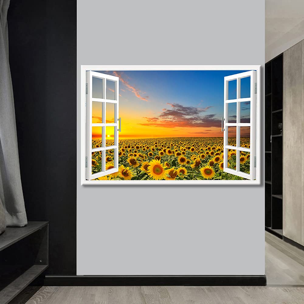 TISHIRON Wall Decorations Sunflower 3D Window View for Living Room Painting Pictures Print On Canvas Wall Art Wooden Frame Ready to Hang (36X24in) — view 4