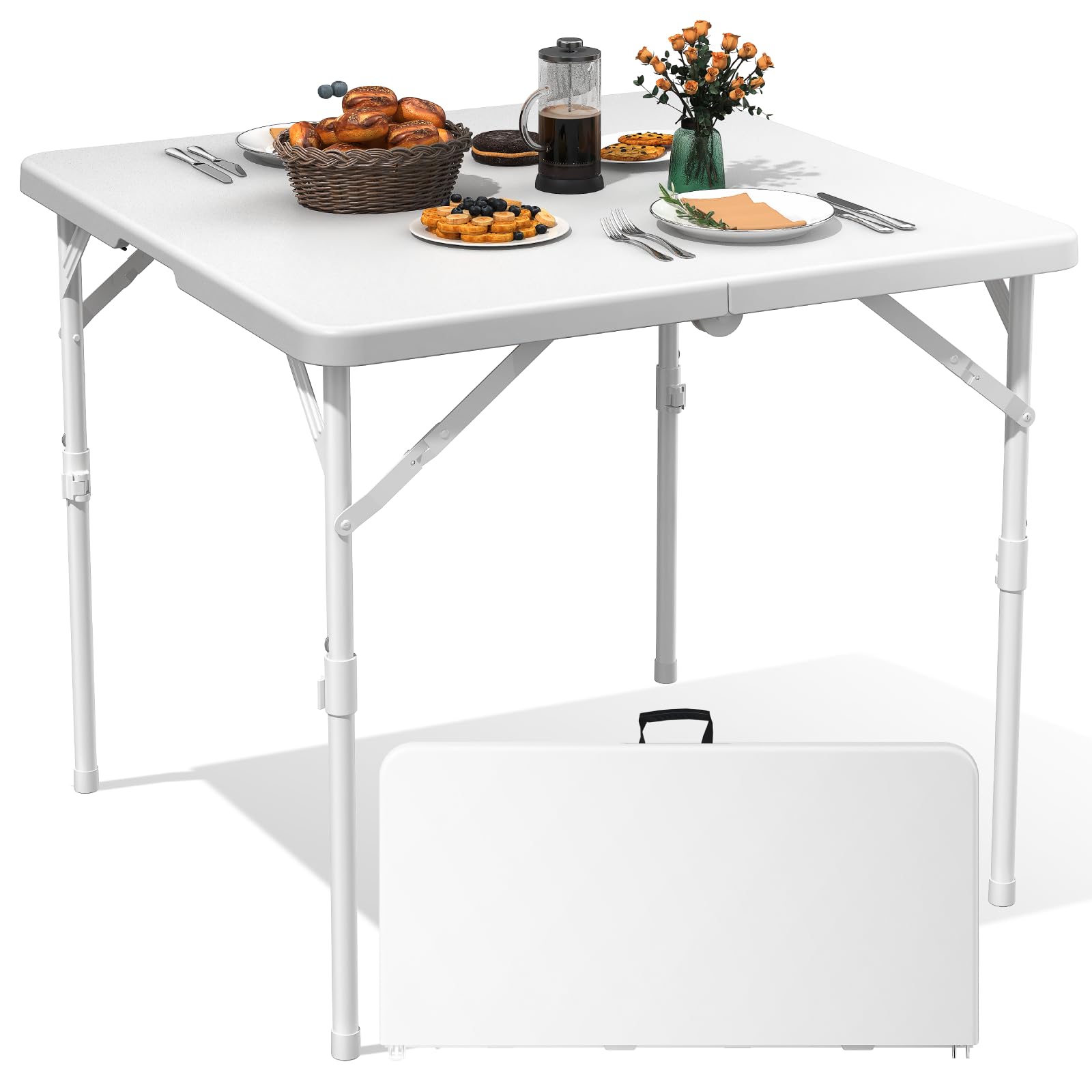 TRINEAR 34" Folding Card Table, Square Plastic Foldable Outdoor Dining Tables, Fold in Half w/Handle, Portable with Collapsible Legs for Kitchen, Party, Wedding Event, Camping, Picnic, Office, White