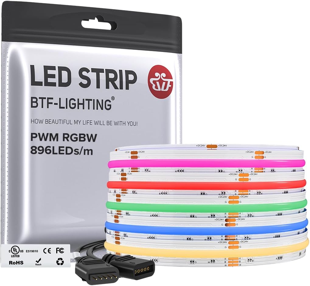 BTF-LIGHTING FCOB COB RGBW 3000K Flexible Uniform Light LED Strip with High Density 896LEDs/m 16.4ft DC24V 12mm Wide Colour Changing LED Strip for Bedroom Kitchen Home Interior Decoration