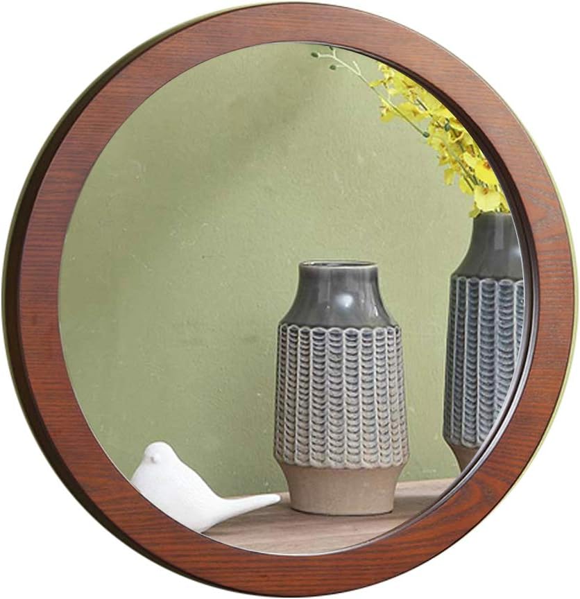 Retro Round Mirror, Old-Style European-Style Wooden Wall-Mounted Mirror, Vanity Dresser Mirror, Walnut Color, Minimum 12 Inch