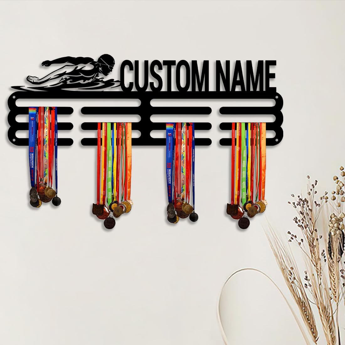 Nome personalizzato metallo Nuoto Medaglia Hanger Holder Display Rack per premi nastri con luce LED, supporto medaglia sport personalizzato per parete, medaglia Hanger Display Award Rack