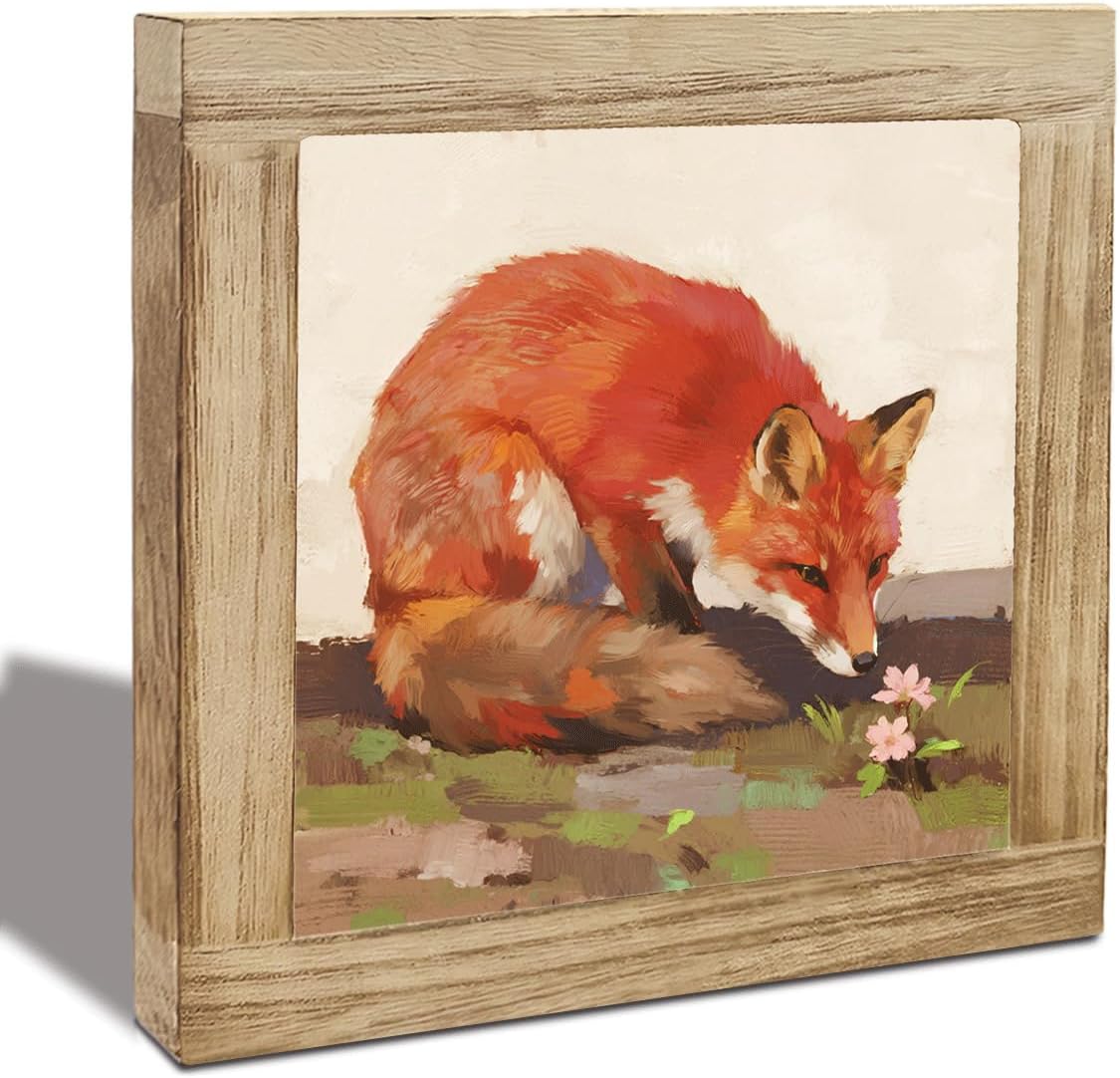 Whimsical Fox Framed Artwork, Mini Hand-Painted Woodland Animal Painting, Wooden Box Sign Decor for Nursery Bedroom Shelf Desk Living Room, Kawaii Gift for Animal Lovers