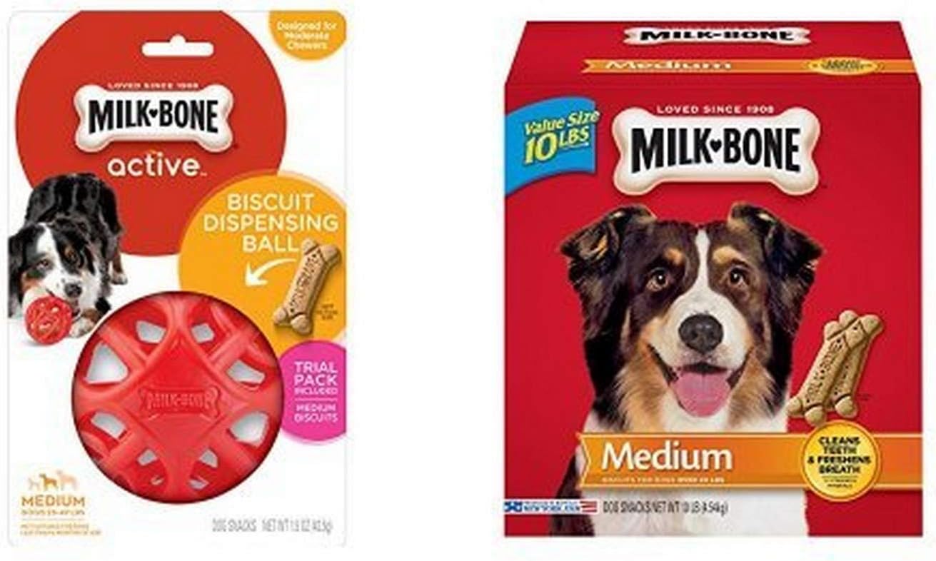 MB Active Biscuit Dispensing Ball for Medium-Sized Dogs + 10-lb Box of Milk-Bone Original Medium Dog Biscuits