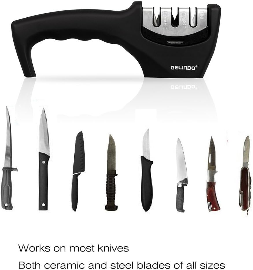 Gelindo 3 Stage Knife Sharpener - Ceramic, Coarse and Fine - Rubberized Base- Best for Combat, Carving, Fillet, Pocket Knives & More