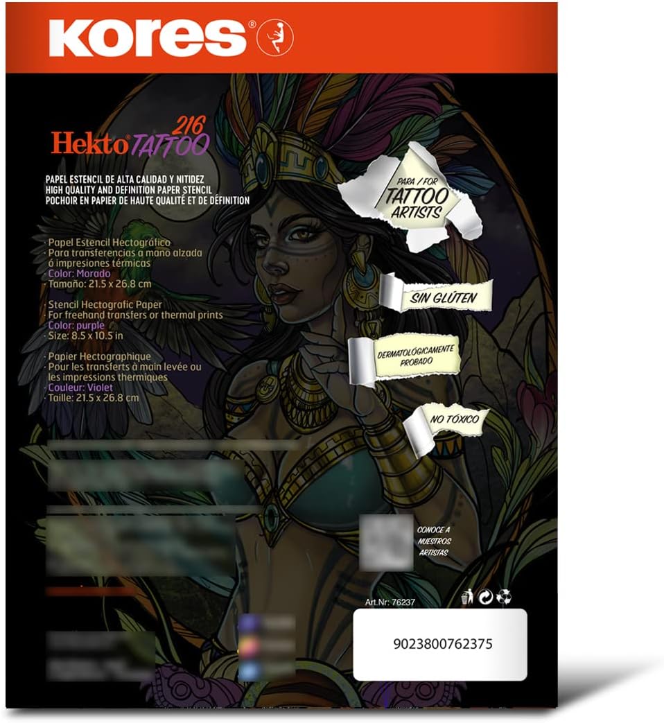 Kores - Tattoo Paper - Hekto 216 - Transfer Paper, Stencil with Purple Ink for Tattoo Kit- Non-Toxic - Tattoo Stencil Paper - 21,5 x 36,8 cm - Box of 10