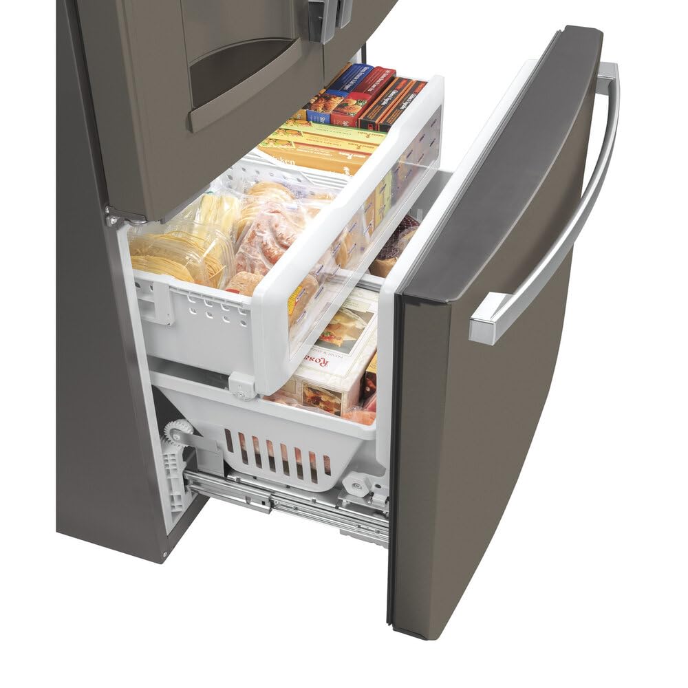 GE GYE22GMNES 36" French Door Counter Depth Refrigerator with 22.1 cu. ft. Total Capacity Space Saving Ice Maker Showcase LED Lighting in Slate on Fridge.com
