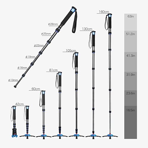 Miniatura 2 de Koolehaoda Monopod de aluminio para cámara portátil ligero de 63 pulgadas con soporte plegable de tres pies. Pierna de 6 secciones, diámetro máximo