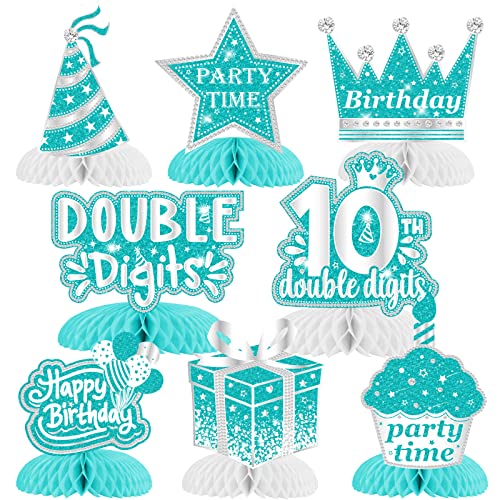 Cheereveal 10th Birthday Honeycomb Centerpieces, 8 Pieces Teal Silver 10 Year Old Birthday Table Centerpieces, Breakfast Blue Birthday Decorations Table Sign Toppers for Girls