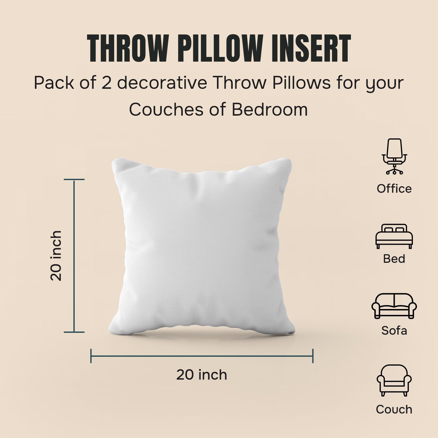 CanvasChamp Throw Pillow Inserts Pack of 2, Lightweight Soft Polyester Decorative Pillow Covers - 20" W x 20" H Bed & Couch Pillows