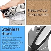 Vista 3 de Abridor de latas manual de acero inoxidable resistente de borde suave GORILLA GRIP, mango suave y cómodo, perilla giratoria grande de mano