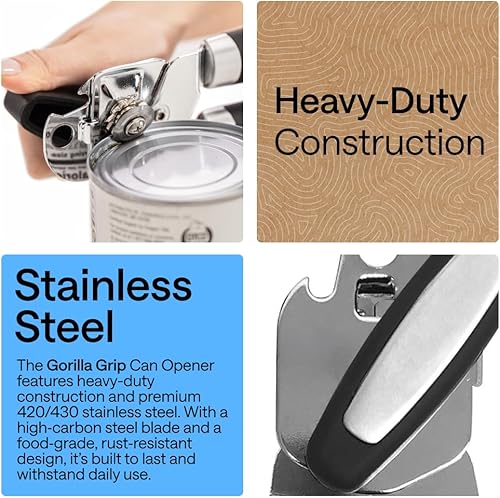 Miniatura 3 de Abridor de latas manual de acero inoxidable resistente de borde suave GORILLA GRIP, mango suave y cómodo, perilla giratoria grande de mano