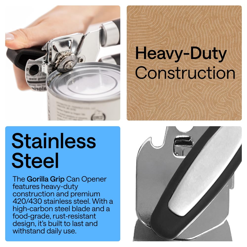 GORILLA GRIP GORILLA GRIP Heavy Duty Stainless Steel Smooth Edge Manual Can Opener and Bottle Openers, US Designed, Soft Comfortable Handle, Oversized Handheld Turn Knob, Multifunctional Kitchen Tool, Black in use