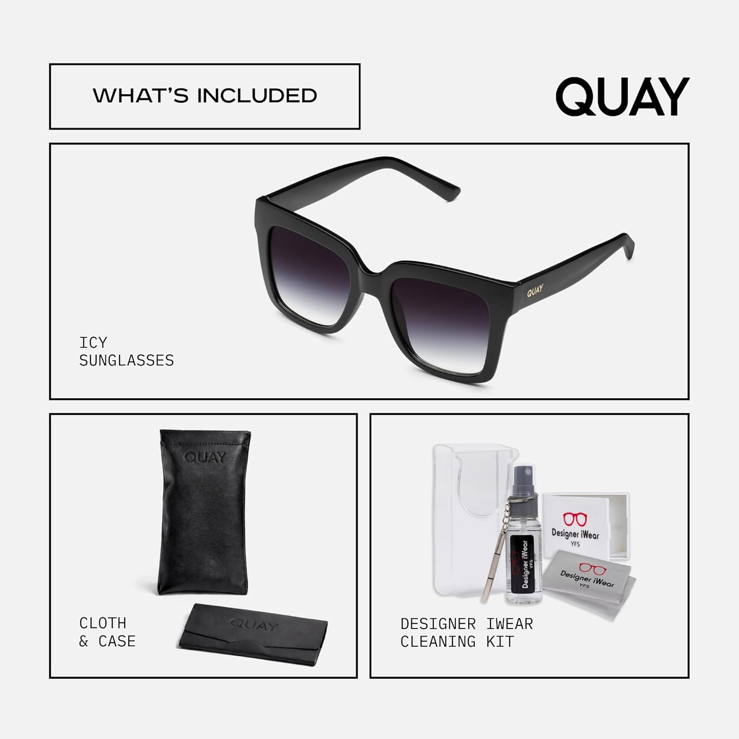 QUAY ICY Square Sunglasses for Women + BUNDLE with ACCESSORY EYEWEAR KIT