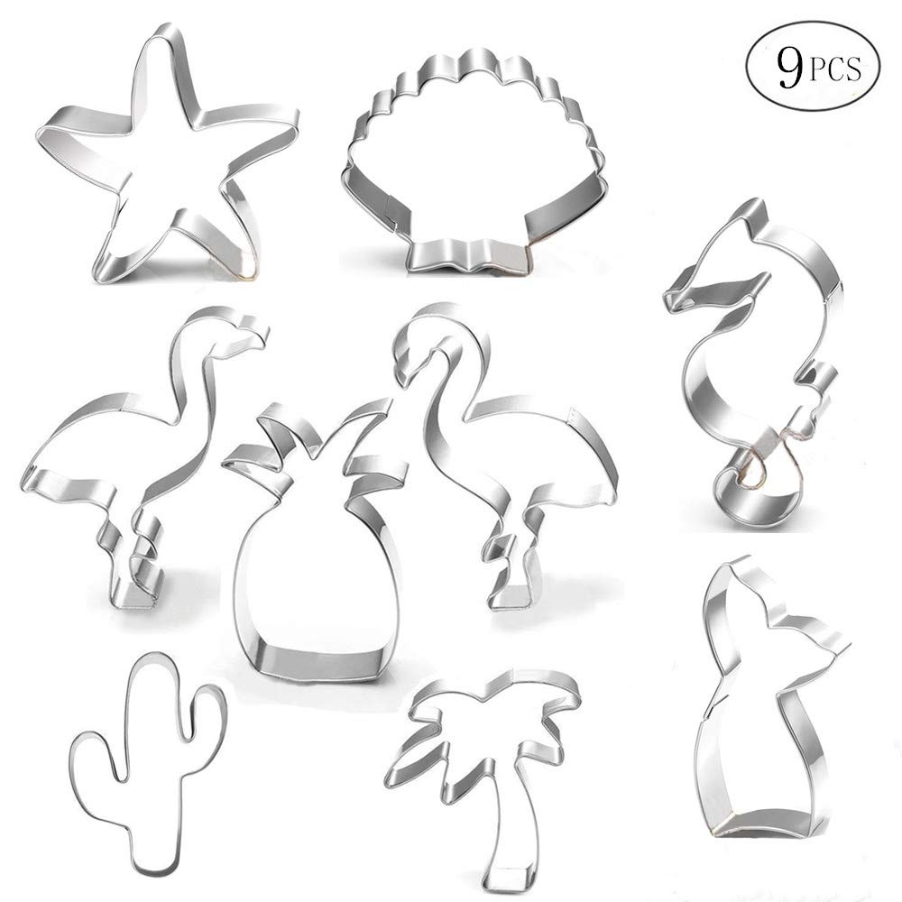 Cookie Cutter Set-9 Piece-Mermaid,Starfish,Seashell,Seahorse,Cactus,Pineapple,Flamingo,Palm Tree,Stainless Steel Cookies Molds for Summer Tropical Beach Party Supplies Decoration Handmade Cookie (1)