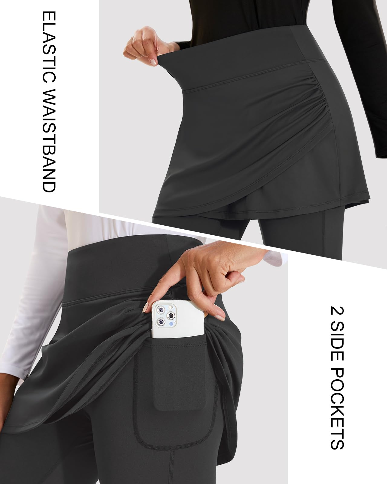 WOWENY Damen Leggings mit Rock Knöchelläng Laufhose Tennisrock mit Leggings mit Taschen Soft Rockhose Tennisbekleidung 2-in-1