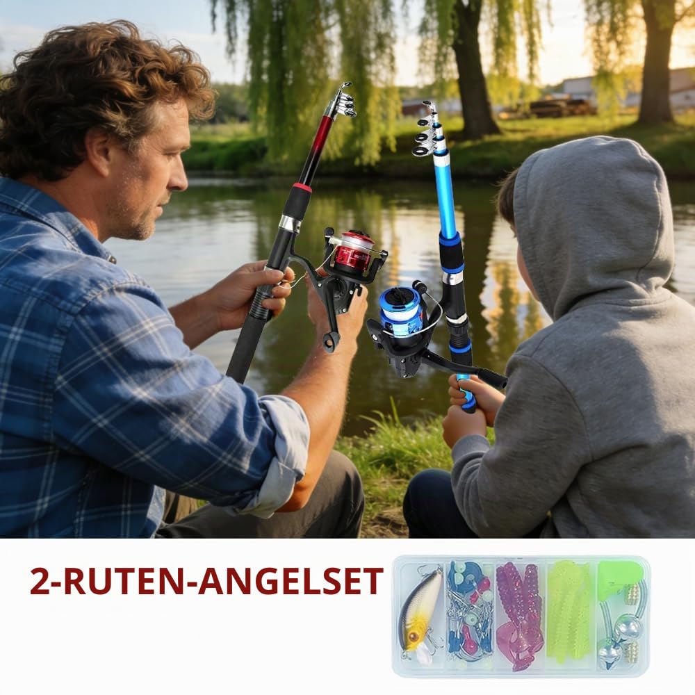 Angelset für Kinder, 2 Sets Kinderangel Starter Set mit Angelrolle und Köder, Tragbare Kinder Angelset, Komplett Fischzubehör-Set mit Tragetasche, Teleskop Angelruten für Kinder Jugendliche