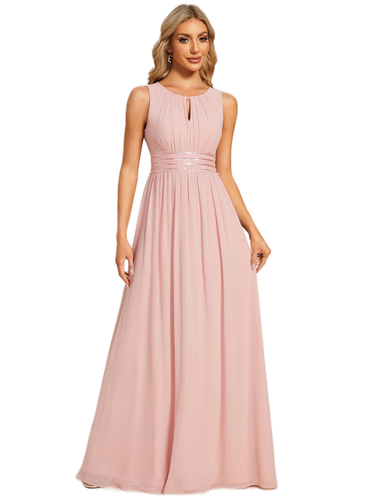Ever-Pretty Kleider für Hochzeitsgäste Maxi Halterneck Lang Chiffon Abendkleid Ärmellos A-Linie Rosa 40
