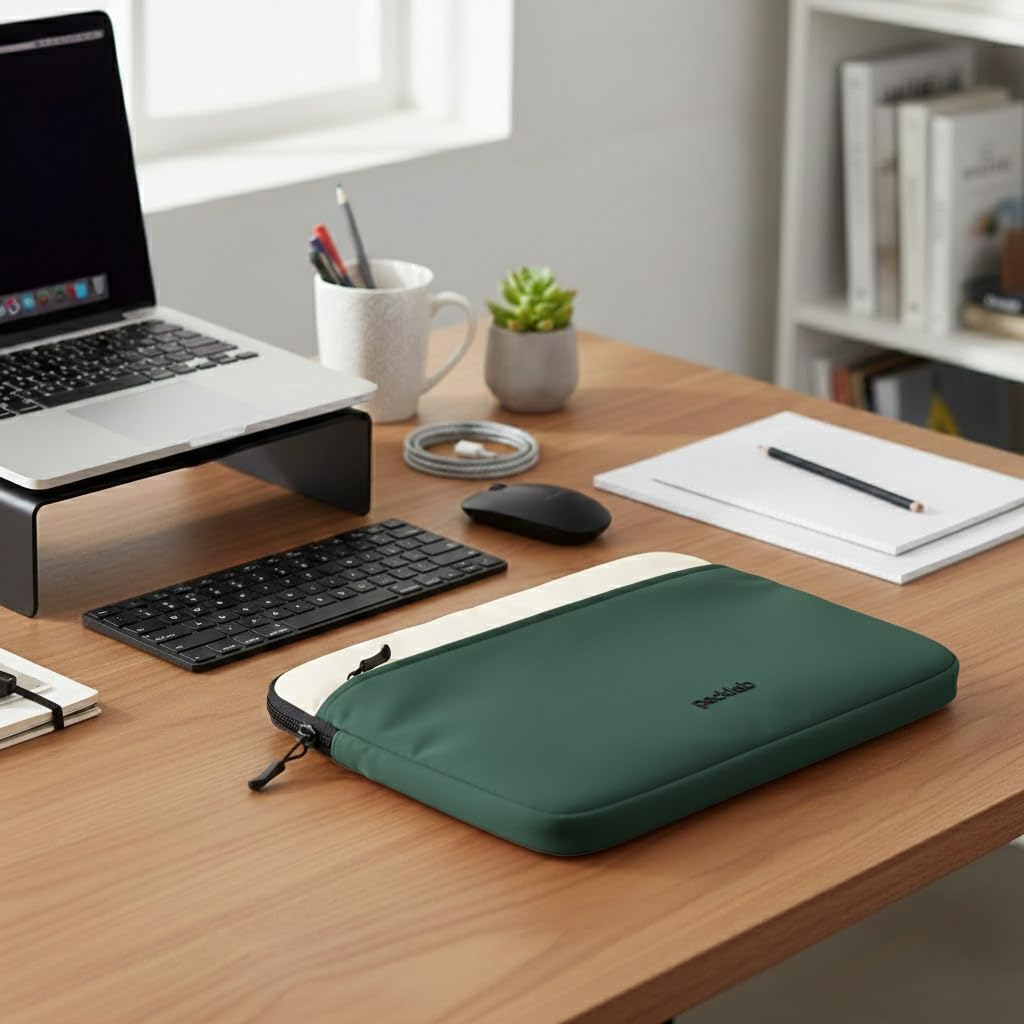 Cream and Green Laptop Sleeve with Front Pocket – Slim Padded 14 Inch Laptop Case – Minimal Computer Sleeve for Work, Travel & Everyday Carry