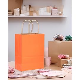 qiqee 32Pcs Small Size Orange Kraft Paper GIft Bags with Handles - 8.3x6x3.15 Kraft Small Party Bags