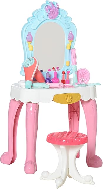 HOMCOM 20 PCS Kids Dressing Table Set, Children Vanity Make Up Desk, Musical Pretend Toy, with Beauty Kit, Mirror, Stool, Light, for 3-6 Years Old, Pink
