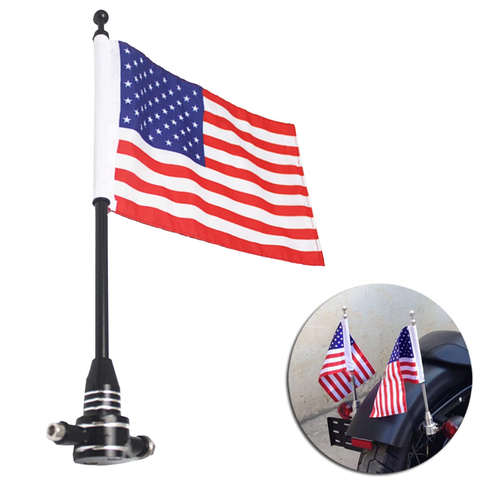 Bandiera Americana per Motocicletta Posteriore USA, Supporto Bandiera Nera, Bandiera Doppia Faccia, Portapacchi Rotondo