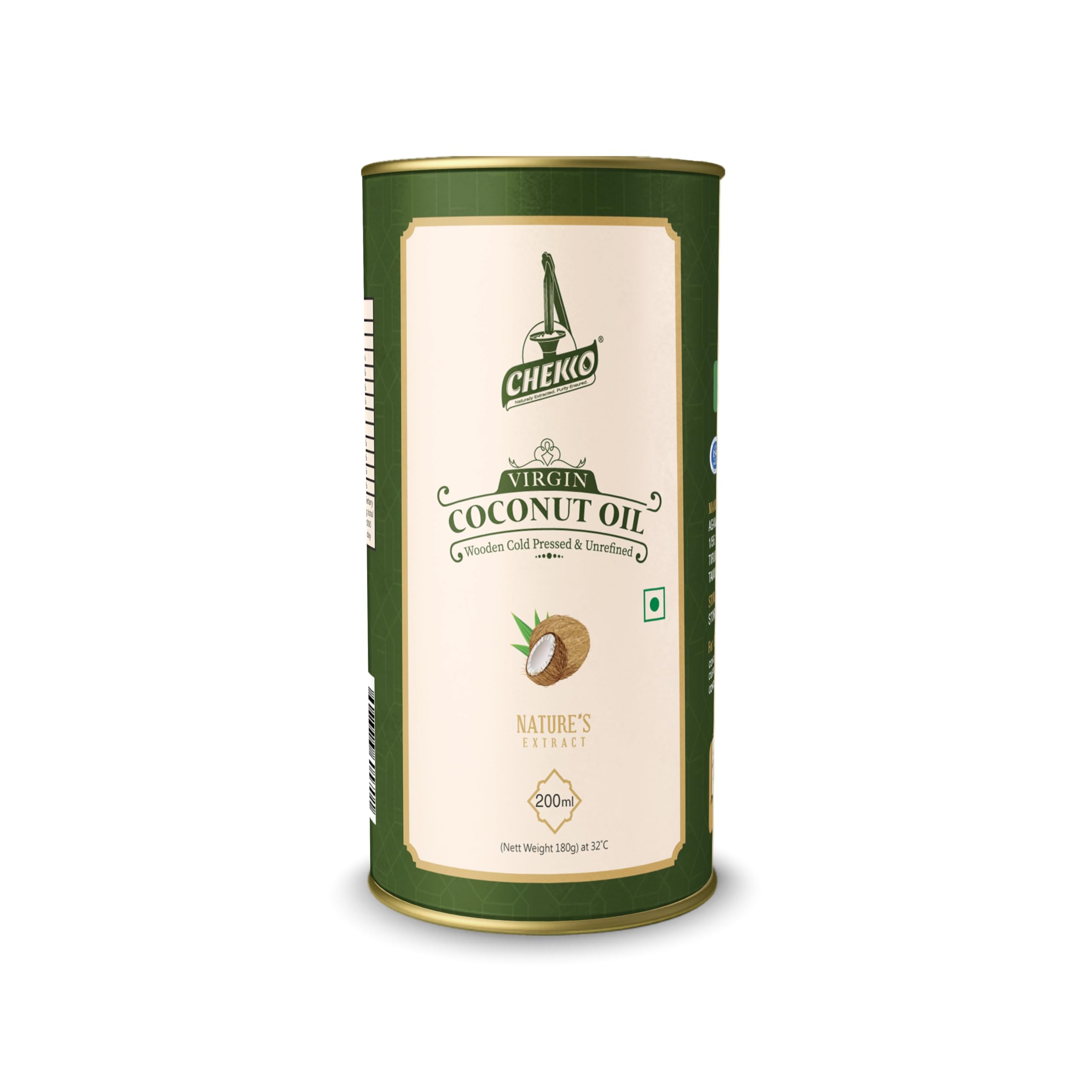 Chekko Cold Pressed Virgin Coconut Oil | 100% Natural & Pure (220 ML) for Cooking, Skin Care, Hair Growth, Baby Massage and Oil Pulling