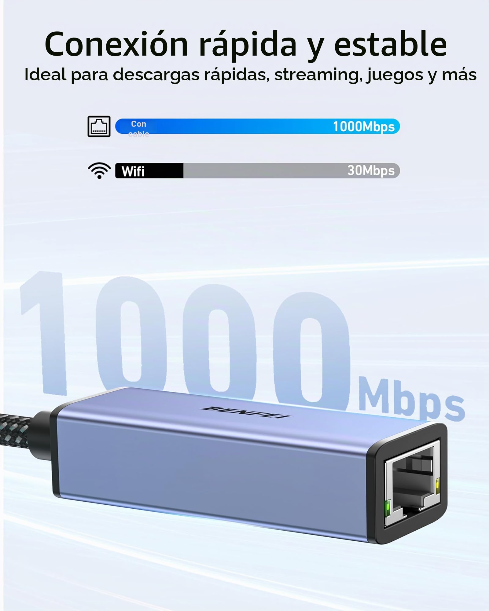 BENFEI Adaptador USB 3.0 a Ethernet RJ45 10/100/1000 Gigabit Ethernet LAN Compatible con MacBook, Surface Pro, PC portátil con Windows7/8/10, XP, Vista, Mac[Caja de Aluminio y Cable de Nailon]
