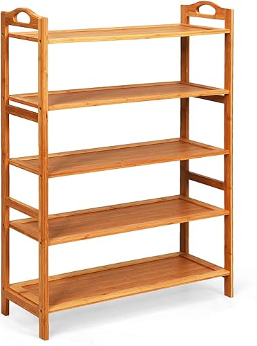 Giantex Zapatero de bambú de 5 niveles, zapatero independiente con dos asas redondeadas para 15 pares, organizador de almacenamiento de zapatos de