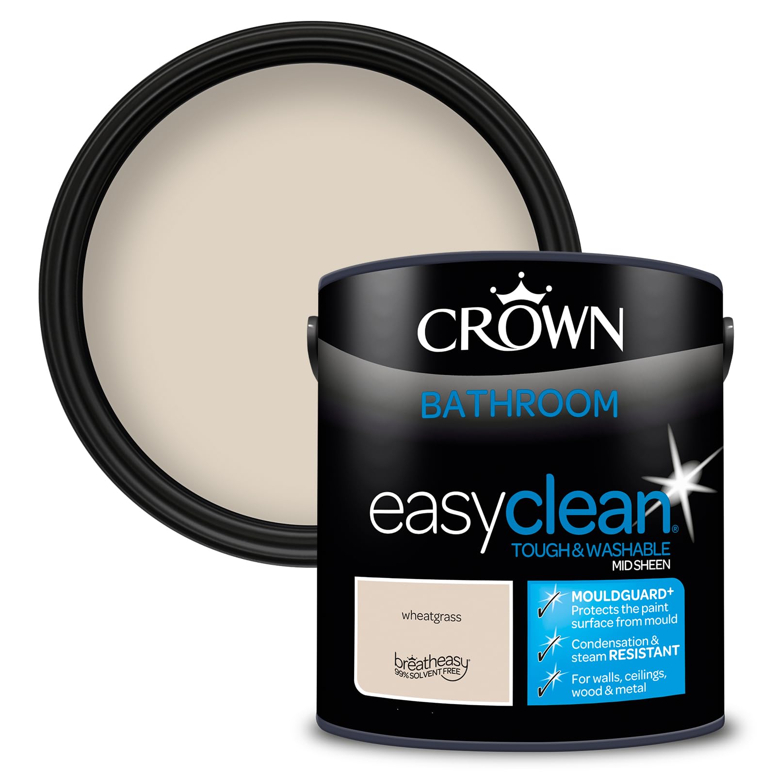 Crown Wheatgrass - Bathroom Paint, Mid Sheen Emulsion - Washable, Mould and Condensation Resistant - Warm Beige Paint - Bathroom and En Suite - Water Based, Low Odour Paint - 2.5L