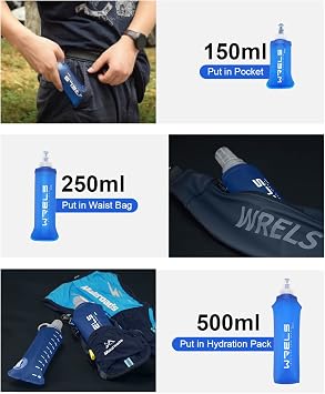 WRELS Collapsible Soft Flask Running Water Bottle for Running Vest BPA-Free Sports Water Bottle for Hiking Cycling and Traveling,Camping(250ml-2 Packs)