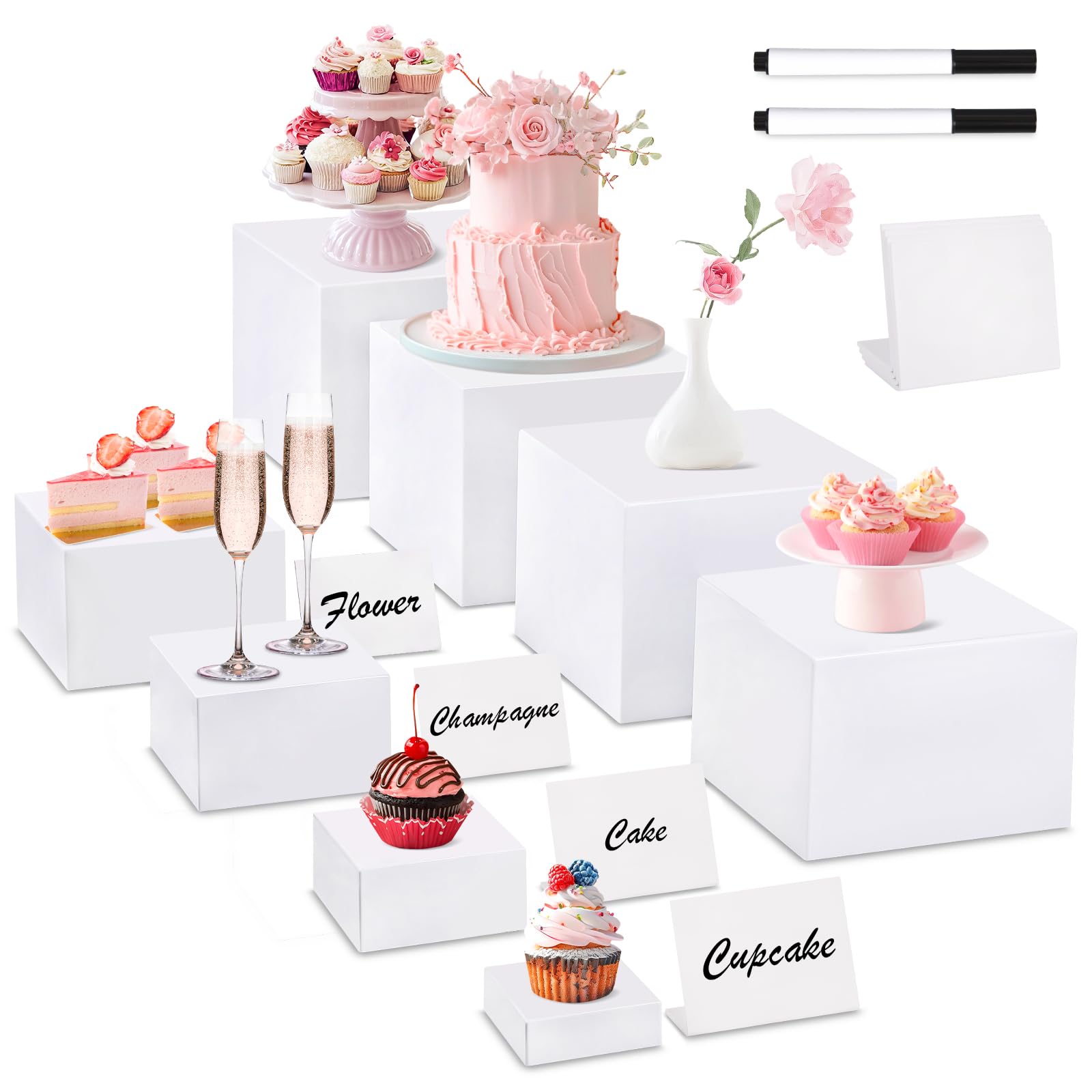 8 alzate bianche extra large per buffet da buffet, espositori da tavolo da dessert, espositore per gioielli da collezione, stand per alimenti per feste, scatole cubiche in acrilico di grandi