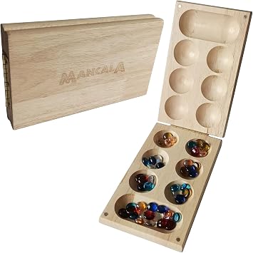 Mancala Board Game Set Durable, Foldable Wooden Board w/ 48 Colorful Glass Stones Portable, 2-Player Learning & Strategy Game for Kids - Unique, Entertaining Fun Gift for Friends & Family