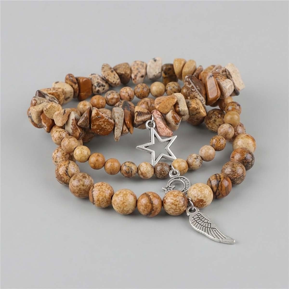 Genuine Gemstone 3-Piece Stacking Bracelet Set for Women, Handcrafted Crystal Bead and Chip Stone Bracelets with Star Moon Wing Charms, Boho Stretch Jewelry Collection for Meditation Yoga Gifts image 2