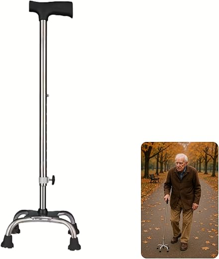 EURI | Walking Stick with 4 Legs | Height Adjustable | Adjustable Poles with Base | Walking Stick for Elderly | Stability and Safety for Elderly People