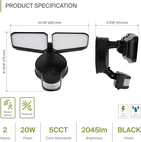 Miniatura 2 de ASD Reflector LED de seguridad 2 cabezas cuadradas 20W 120V no regulable 27003000350040005000K con sensor de movimiento de 180 y fotocélula negro UL