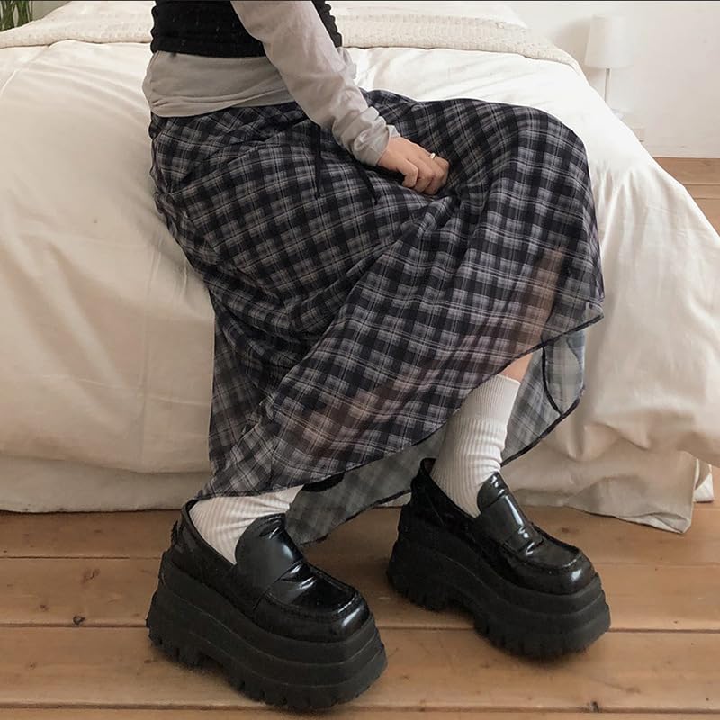 CORIRESHA Women's Retro Elegant Casual Plaid See-Through Mesh Drawstring High Waist A-Line Midi Skirt4