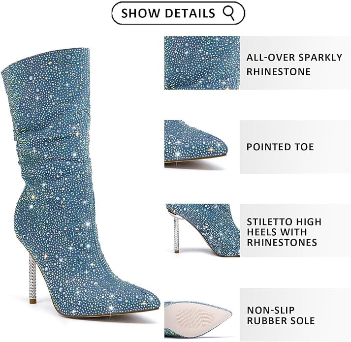 Women's Rhinestone Fold Over Ankle Boots Denim Sparkling Boot Pull on 2024 Fashion Sexy Silver Stiletto Heel Mid Calf Boots Pointed Toe Slouchy Pull-on Boots4