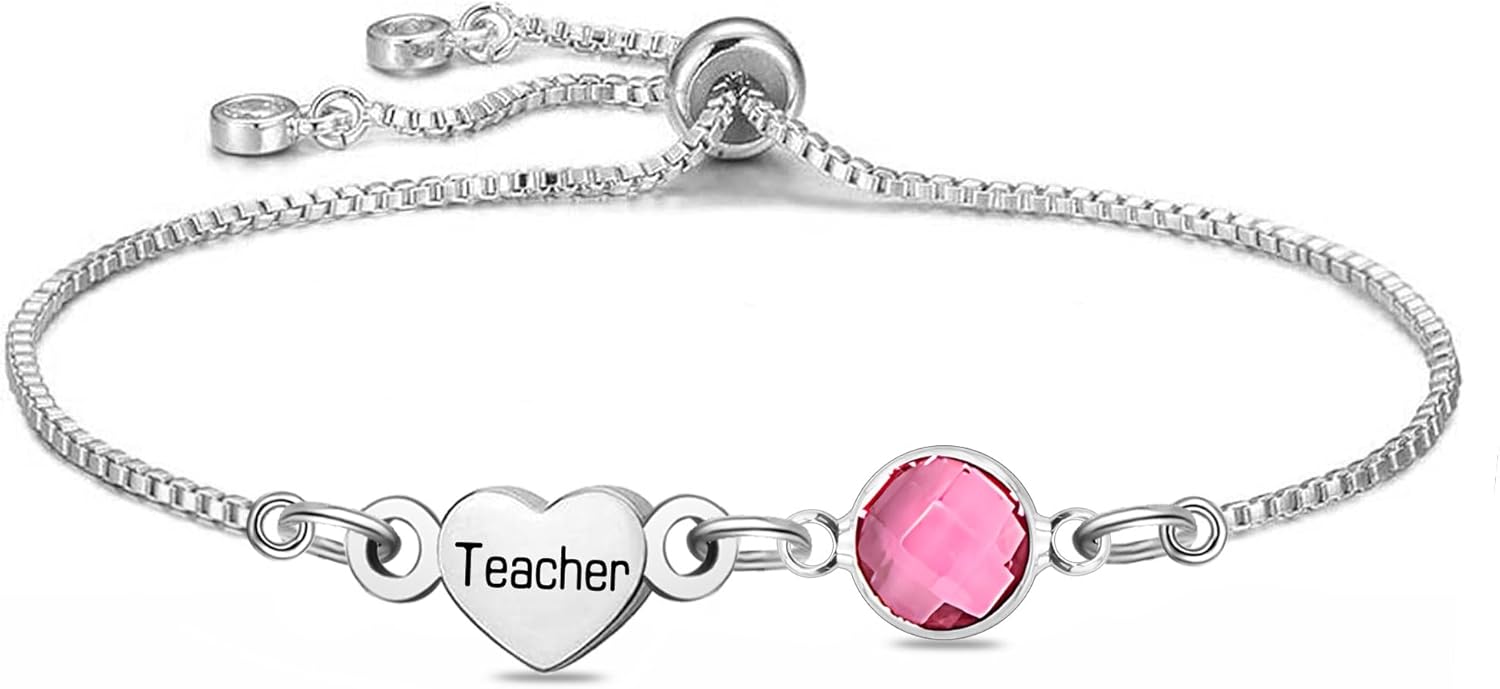 Silver Link Bracelet with Pink Crystal and 'Sister' Heart Charm Dainty Bracelet for Women Sister Friend Family Birthday Valentines Wedding Gifts