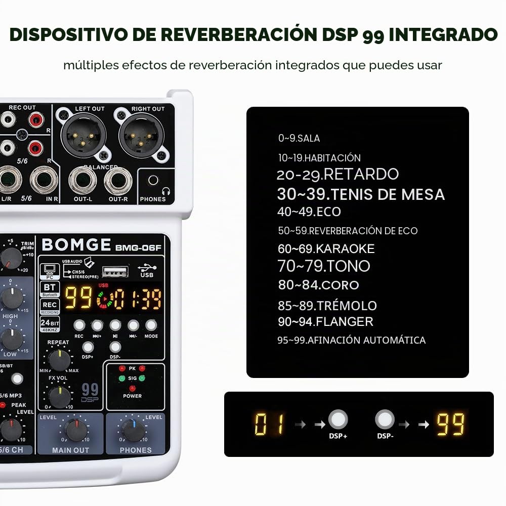 BOMGE Consola mezcladora de sonido mini DJ de 6 canales con interfaz USB, Bluetooth, grabación estéreo, alimentación fantasma de 48 V, 24 efectos DSP para karaoke, canto, en vivo, transmisión,