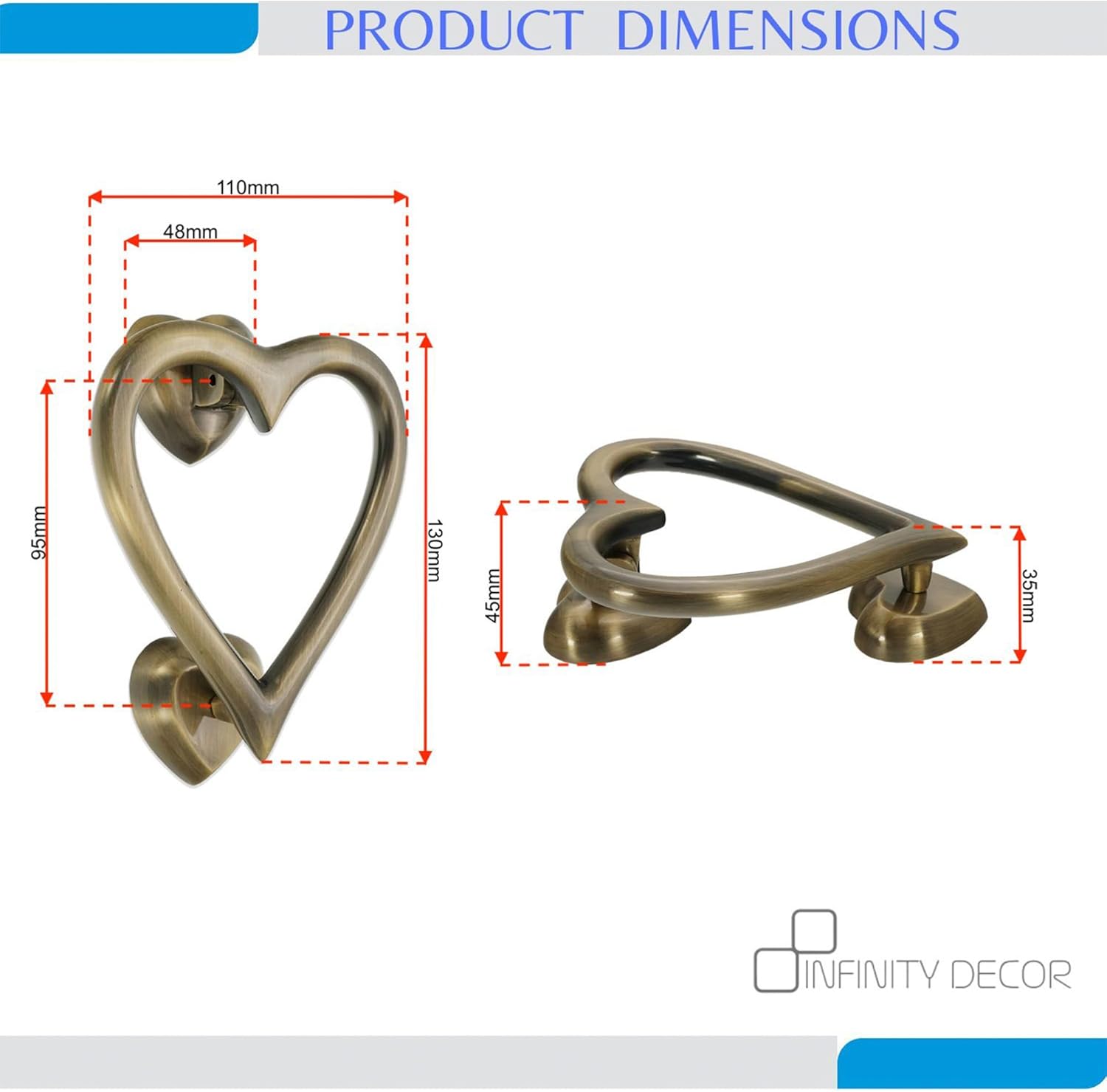 Infinity Decor Solid Brass Heart Shaped Front Door Knocker in Antique Brass Finish