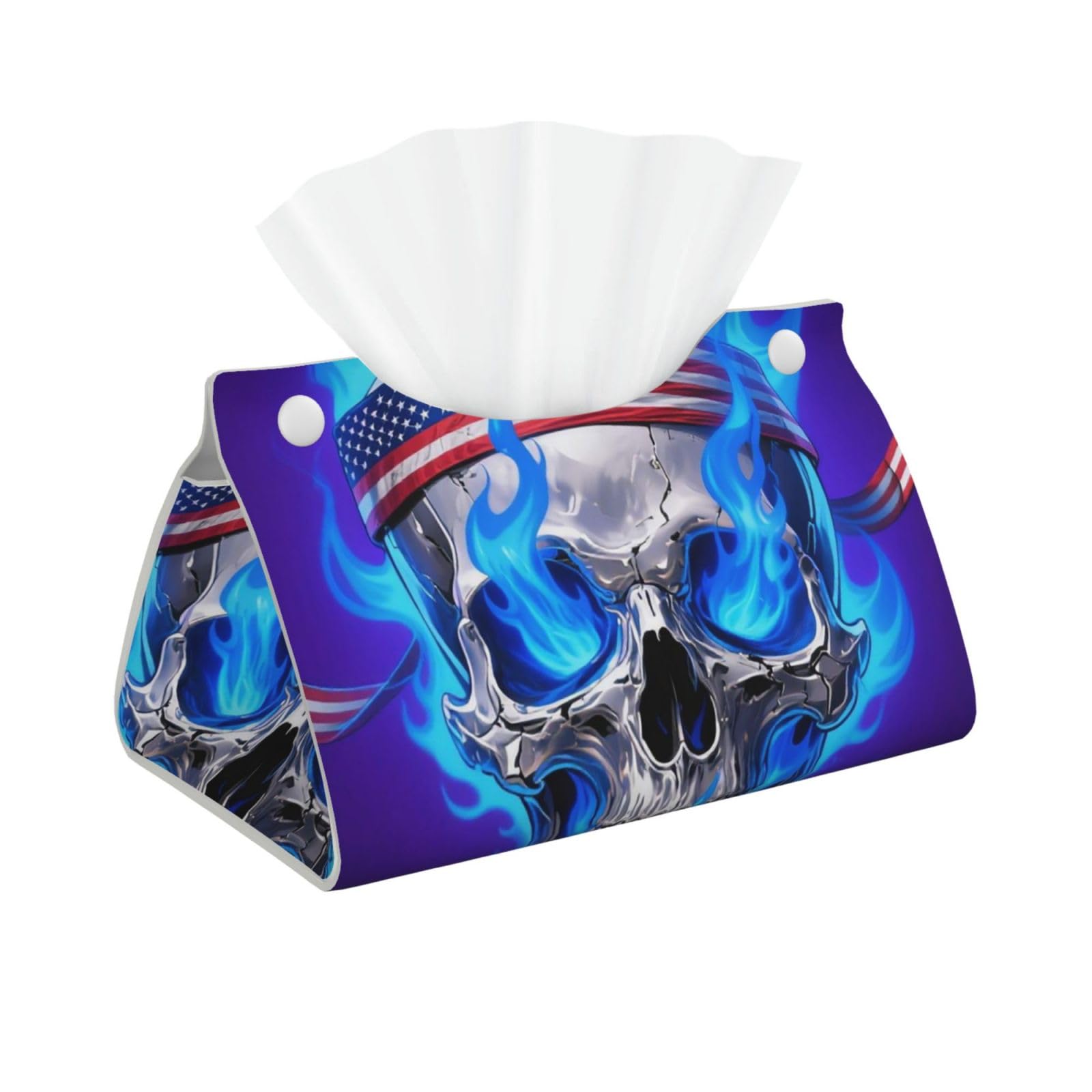 Pu Leather Tissue Box Cover, Fire USA Flag Skull Rectangle Tissue Case Covers Decorative Tissue Box Holder Waterproof Tissue Holder Organizer for Bathroom Home Office