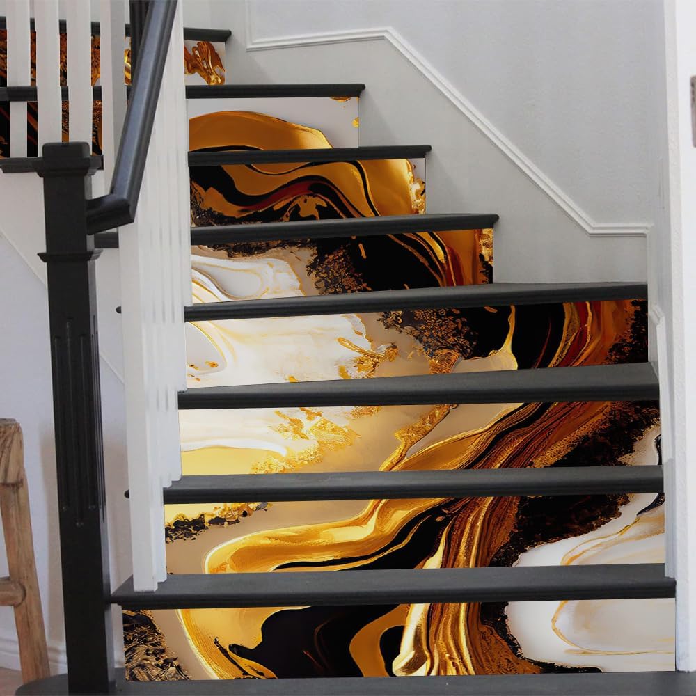 REDAMANCY Gold Yellow White Abstarct Fluid Art Peel and Stick Vinyl Stair Riser Decals Staircase Tile Stickers Decor Modern Marble Decoration Self-Adhesive(14 Pcs)